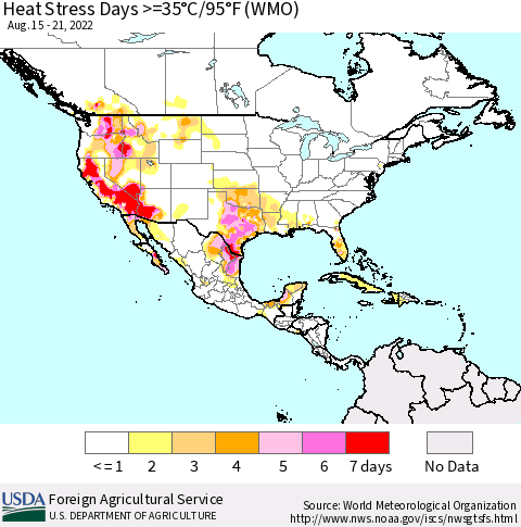 North America Heat Stress Days >=35°C/95°F (WMO) Thematic Map For 8/15/2022 - 8/21/2022