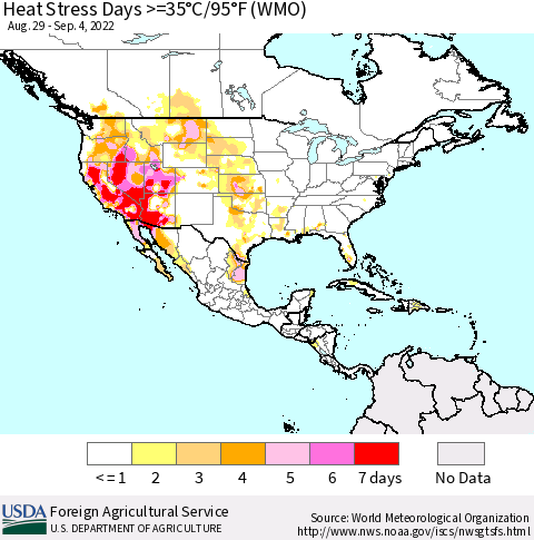 North America Heat Stress Days >=35°C/95°F (WMO) Thematic Map For 8/29/2022 - 9/4/2022