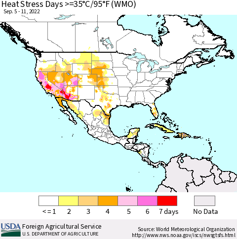 North America Heat Stress Days >=35°C/95°F (WMO) Thematic Map For 9/5/2022 - 9/11/2022