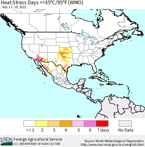 North America Heat Stress Days >=35°C/95°F (WMO) Thematic Map For 9/12/2022 - 9/18/2022
