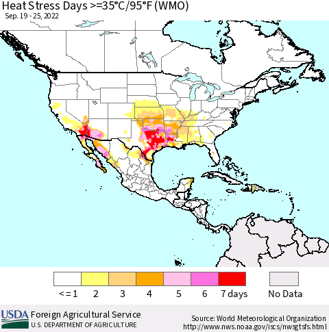 North America Heat Stress Days >=35°C/95°F (WMO) Thematic Map For 9/19/2022 - 9/25/2022