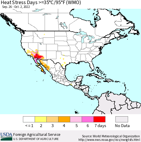 North America Heat Stress Days >=35°C/95°F (WMO) Thematic Map For 9/26/2022 - 10/2/2022