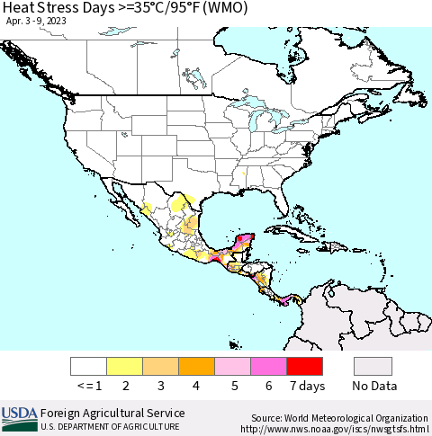 North America Heat Stress Days >=35°C/95°F (WMO) Thematic Map For 4/3/2023 - 4/9/2023