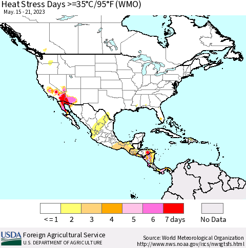 North America Heat Stress Days >=35°C/95°F (WMO) Thematic Map For 5/15/2023 - 5/21/2023