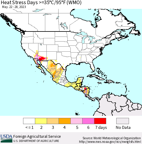 North America Heat Stress Days >=35°C/95°F (WMO) Thematic Map For 5/22/2023 - 5/28/2023
