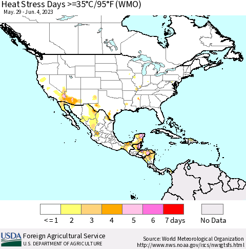 North America Heat Stress Days >=35°C/95°F (WMO) Thematic Map For 5/29/2023 - 6/4/2023