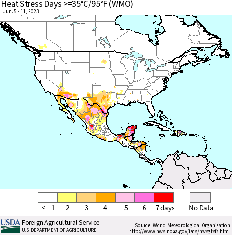 North America Heat Stress Days >=35°C/95°F (WMO) Thematic Map For 6/5/2023 - 6/11/2023