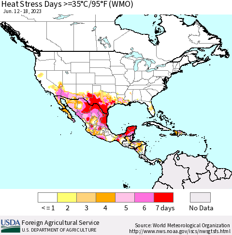 North America Heat Stress Days >=35°C/95°F (WMO) Thematic Map For 6/12/2023 - 6/18/2023