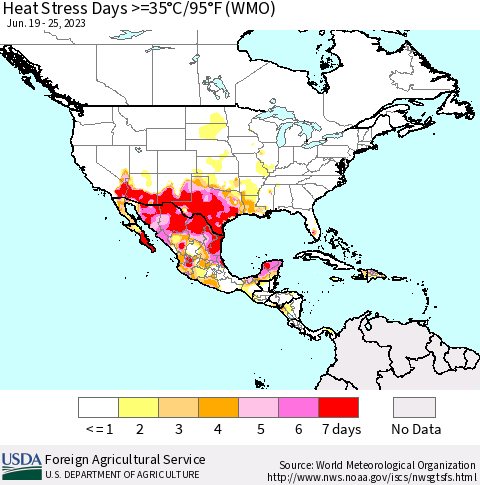 North America Heat Stress Days >=35°C/95°F (WMO) Thematic Map For 6/19/2023 - 6/25/2023
