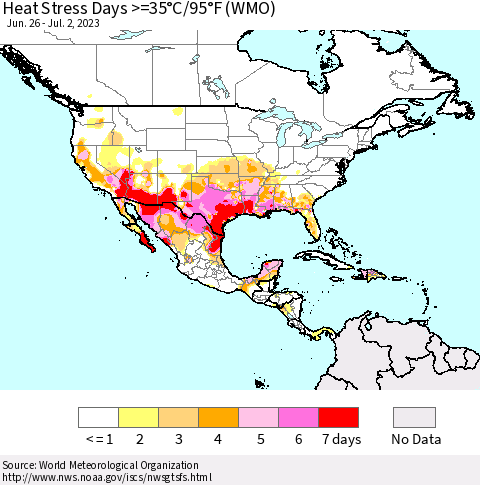North America Heat Stress Days >=35°C/95°F (WMO) Thematic Map For 6/26/2023 - 7/2/2023