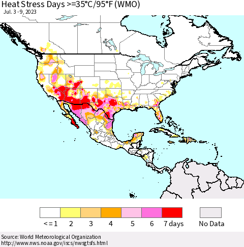North America Heat Stress Days >=35°C/95°F (WMO) Thematic Map For 7/3/2023 - 7/9/2023