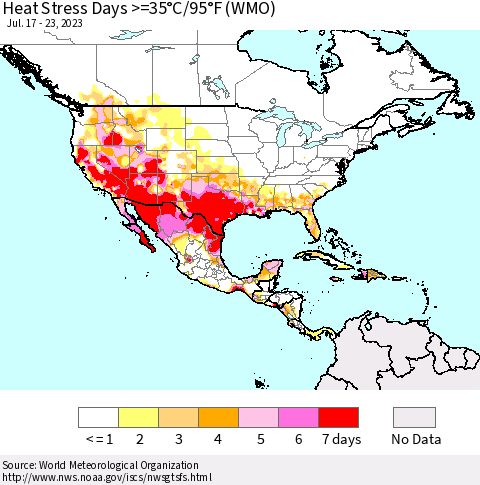 North America Heat Stress Days >=35°C/95°F (WMO) Thematic Map For 7/17/2023 - 7/23/2023