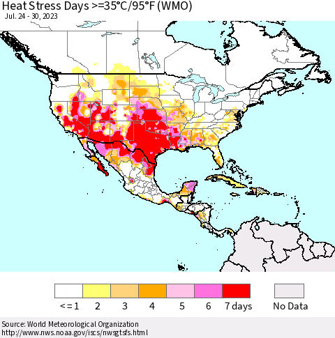 North America Heat Stress Days >=35°C/95°F (WMO) Thematic Map For 7/24/2023 - 7/30/2023