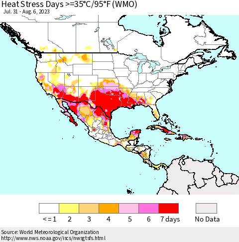 North America Heat Stress Days >=35°C/95°F (WMO) Thematic Map For 7/31/2023 - 8/6/2023