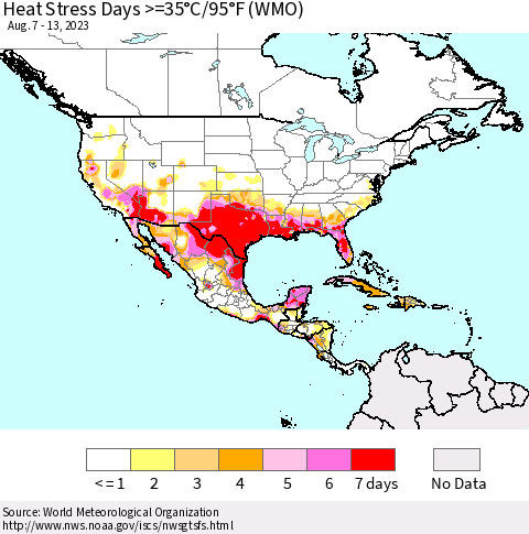 North America Heat Stress Days >=35°C/95°F (WMO) Thematic Map For 8/7/2023 - 8/13/2023