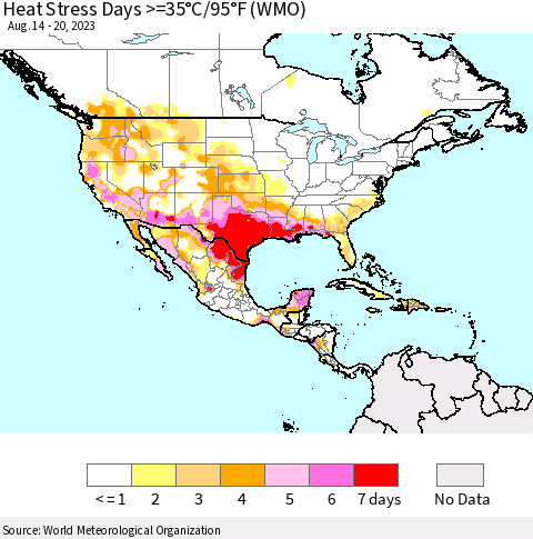 North America Heat Stress Days >=35°C/95°F (WMO) Thematic Map For 8/14/2023 - 8/20/2023