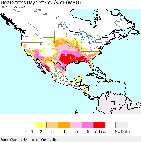 North America Heat Stress Days >=35°C/95°F (WMO) Thematic Map For 8/21/2023 - 8/27/2023