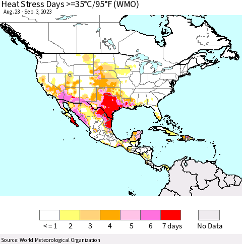 North America Heat Stress Days >=35°C/95°F (WMO) Thematic Map For 8/28/2023 - 9/3/2023