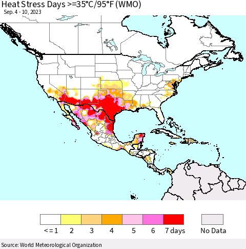North America Heat Stress Days >=35°C/95°F (WMO) Thematic Map For 9/4/2023 - 9/10/2023