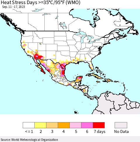 North America Heat Stress Days >=35°C/95°F (WMO) Thematic Map For 9/11/2023 - 9/17/2023