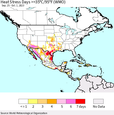 North America Heat Stress Days >=35°C/95°F (WMO) Thematic Map For 9/25/2023 - 10/1/2023