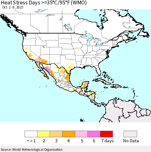 North America Heat Stress Days >=35°C/95°F (WMO) Thematic Map For 10/2/2023 - 10/8/2023