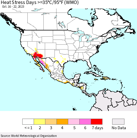 North America Heat Stress Days >=35°C/95°F (WMO) Thematic Map For 10/16/2023 - 10/22/2023