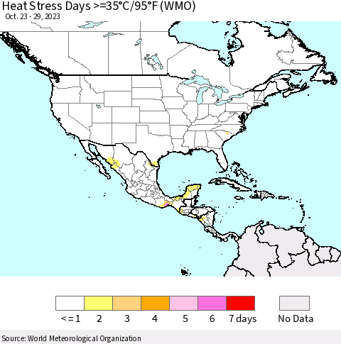 North America Heat Stress Days >=35°C/95°F (WMO) Thematic Map For 10/23/2023 - 10/29/2023