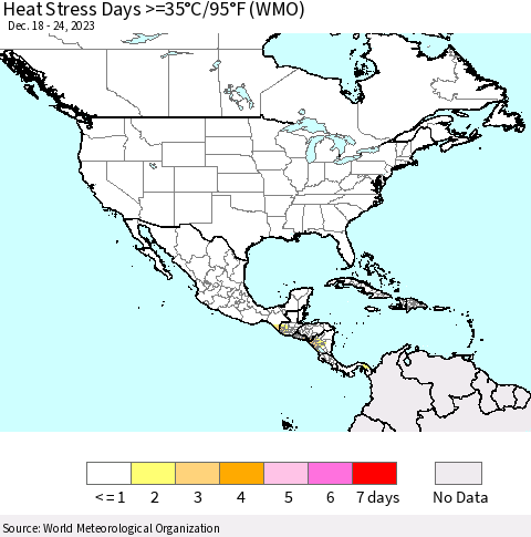 North America Heat Stress Days >=35°C/95°F (WMO) Thematic Map For 12/18/2023 - 12/24/2023