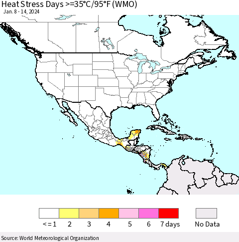 North America Heat Stress Days >=35°C/95°F (WMO) Thematic Map For 1/8/2024 - 1/14/2024