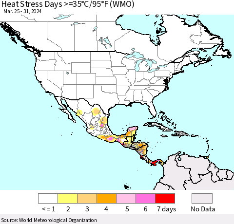 North America Heat Stress Days >=35°C/95°F (WMO) Thematic Map For 3/25/2024 - 3/31/2024