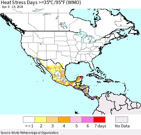 North America Heat Stress Days >=35°C/95°F (WMO) Thematic Map For 4/8/2024 - 4/14/2024