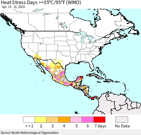 North America Heat Stress Days >=35°C/95°F (WMO) Thematic Map For 4/15/2024 - 4/21/2024