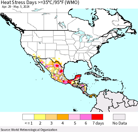 North America Heat Stress Days >=35°C/95°F (WMO) Thematic Map For 4/29/2024 - 5/5/2024
