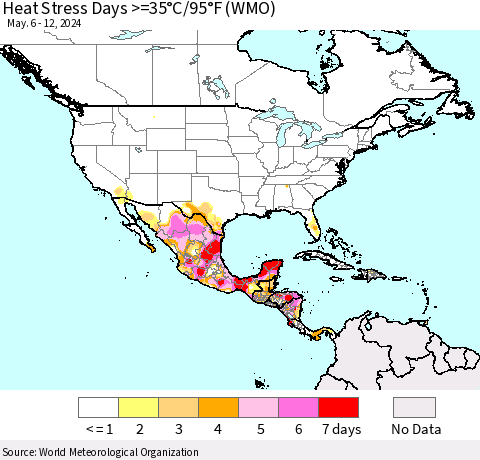 North America Heat Stress Days >=35°C/95°F (WMO) Thematic Map For 5/6/2024 - 5/12/2024