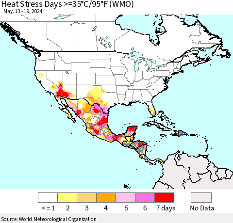 North America Heat Stress Days >=35°C/95°F (WMO) Thematic Map For 5/13/2024 - 5/19/2024