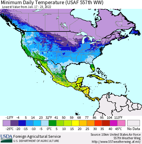 North America Minimum Daily Temperature (USAF 557th WW) Thematic Map For 1/17/2022 - 1/23/2022