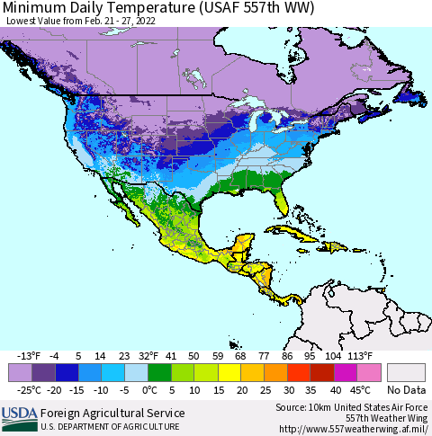 North America Minimum Daily Temperature (USAF 557th WW) Thematic Map For 2/21/2022 - 2/27/2022