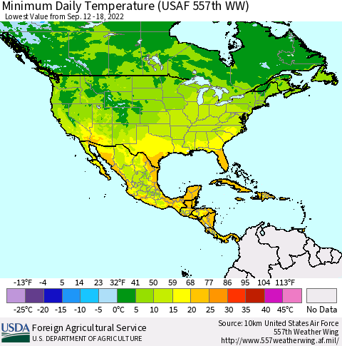 North America Minimum Daily Temperature (USAF 557th WW) Thematic Map For 9/12/2022 - 9/18/2022