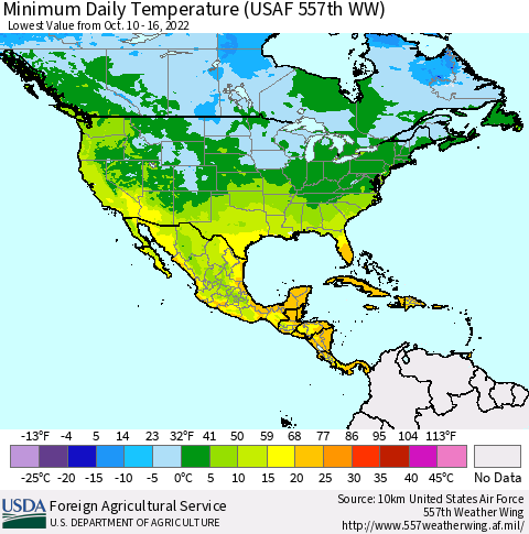 North America Minimum Daily Temperature (USAF 557th WW) Thematic Map For 10/10/2022 - 10/16/2022