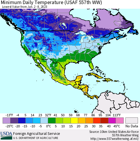 North America Minimum Daily Temperature (USAF 557th WW) Thematic Map For 1/2/2023 - 1/8/2023