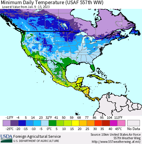 North America Minimum Daily Temperature (USAF 557th WW) Thematic Map For 1/9/2023 - 1/15/2023