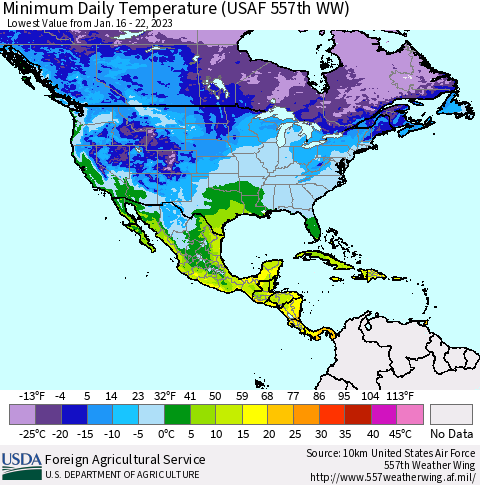 North America Minimum Daily Temperature (USAF 557th WW) Thematic Map For 1/16/2023 - 1/22/2023