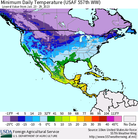 North America Minimum Daily Temperature (USAF 557th WW) Thematic Map For 1/23/2023 - 1/29/2023