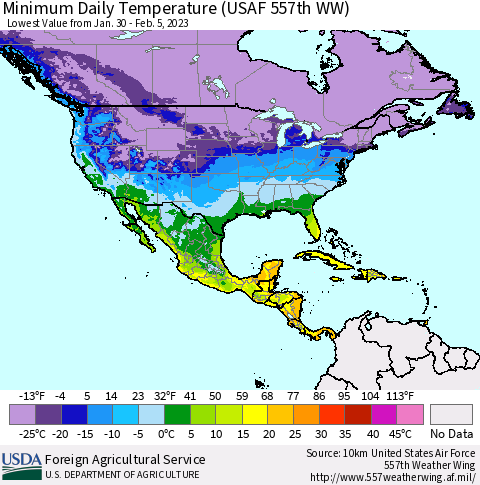 North America Minimum Daily Temperature (USAF 557th WW) Thematic Map For 1/30/2023 - 2/5/2023