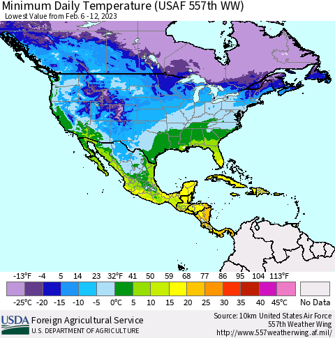 North America Minimum Daily Temperature (USAF 557th WW) Thematic Map For 2/6/2023 - 2/12/2023