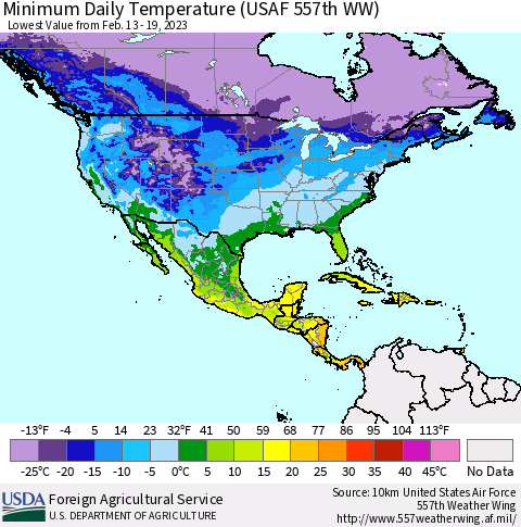 North America Minimum Daily Temperature (USAF 557th WW) Thematic Map For 2/13/2023 - 2/19/2023
