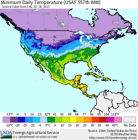 North America Minimum Daily Temperature (USAF 557th WW) Thematic Map For 2/20/2023 - 2/26/2023