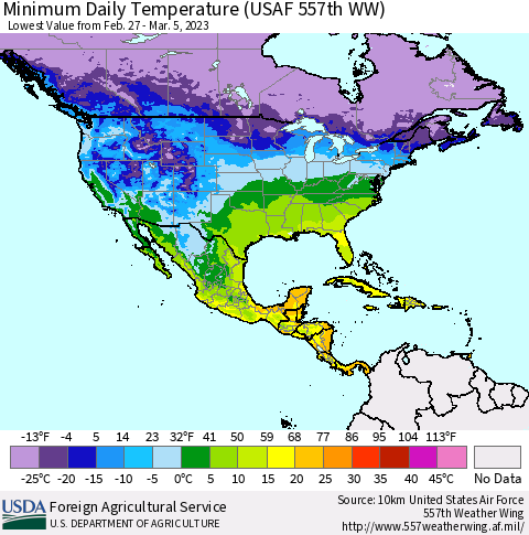 North America Minimum Daily Temperature (USAF 557th WW) Thematic Map For 2/27/2023 - 3/5/2023
