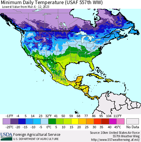 North America Minimum Daily Temperature (USAF 557th WW) Thematic Map For 3/6/2023 - 3/12/2023